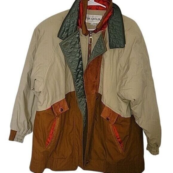 Braefair Colorblock Jacket‎ S Beige Green Brown Nylon Quilted Lining Retro Style - Picture 1 of 4